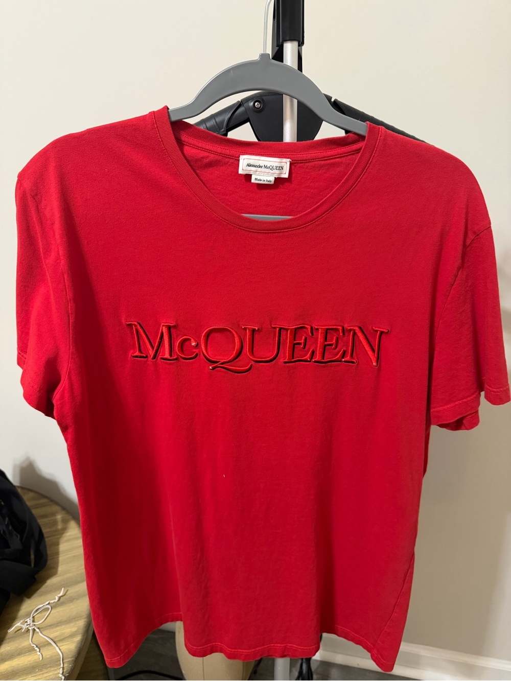 Alexander McQueen Red Short Sleeve Tee with Raised McQUEEN Logo